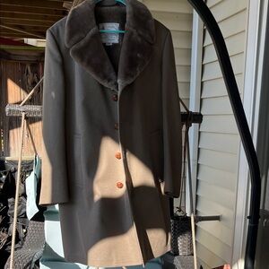 London Fog Brown Wool Pea Coat with Faux Fur Collar